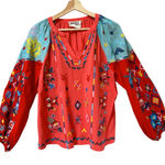 Savanna Jane Shirt Women Medium Pink Red Embroidered Puffy Balloon Floral Boho Photo 0