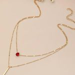 Simple Gold Tone Teardrop Shape Red Zircon Long Rod Pendant Double Layer Chain Multiple Photo 1