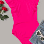 SheIn Women's Ruffle Sleeve Neon Pink Bodysuit Photo 0
