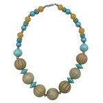 Vintage Chunky Wooden Circle Beads Mixed Materials Necklace Teal Blue Beige Boho Tan Photo 0