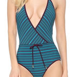 Marc by Marc Jacobs Marc Jacobs Tara Halter One Piece Swimsuit M Medium Blue Striped Plunge Belt Tie Photo 0