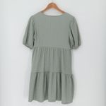 Crystal Doll Sage‎ Green Tiered Mini Dress Cottage Peasant Boho Puff Sleeve Textured Size M Photo 4