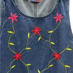 Vintage Floral Embroidered Denim Jumper Jean Dress Scoop Neck Sleeveless Size 2X Blue Photo 3