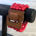 Vintage Bracelet Red Beads with Wooden Clasp Chunky Statement Photo 0