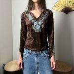 y2k boho brown velvet floral v neck flutter flare sleeve long sleeve top by mkm Photo 4