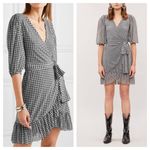 Ganni Gingham Mesh Wrap Mini Dress Size 40 Ruffle Stretch Black White Check Photo 1