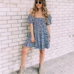 Wild Fable  Blue‎ Floral Puff Sleeve Tiered Mini Dress Off Shoulder Small Photo 2