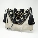 ibBan Genuine Calf Hair Fur Leather Trim Beaded Embellished Crossbody Purse Bag Photo 0