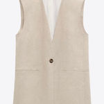 ZARA Bloggers Favorite Beige Bohemian Long Line 100% Linen V-Neck Vest Size L Photo 0