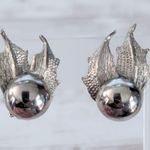 Vintage Clip On Earrings Large Statement Silver Tone Ball and Wing Photo 0