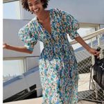 Ganni Floral Print Smocked Plisse Georgette Midi Dress Size Medium Photo 7