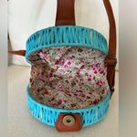 Lucky 7 turquoise Round Circular Straw Purse Sweet Feminine Floral Print Lining Blue Photo 3