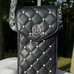 Badgley Mischka Black Quilted Faux Leather Crossbody Bag Silver & Pearl Accents Photo 0