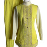 Vintage 60s 2 Piece Stretch Knit Pant Set S Yellow High Neck Pockets Zipper Size undefined Photo 0