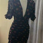 ZARA  Floral Ruched Mini Dress Mesh Ruffle Plunge V-Neck Puff Sleeve Size Small Photo 4