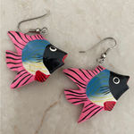 Funky Tropical Fish Dangle Drop Earrings Colorful Painted Wooden Quirky Pink Photo 0