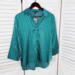 Como‎ Black Satin Diamond Print Button Up Shirt Blouse Teal Green Small Photo 7