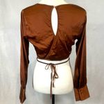 Sans Souci fluid satin cognac brown long sleeve tie wrap crop top size small Photo 6