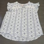 Como vintage White Blue Print Flutter Sleeve Top Womens XL Boho Cottage Photo 0