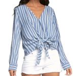 Elan  Blue Striped Long sleeve Faux Wrap Tie Top Shirt Medium Photo 4