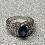 Sterling Silver 925 Oval Blue Sapphire Diamond Halo Elegant Engagement Ring Photo 6
