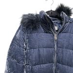 Loft  Velvet Puffer Jacket Navy Blue Womens Size Medium Hooded Faux Fur Photo 2