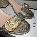 Gucci Metallic Laminate Leather Mid Heel Sandal Double G Size 36, with Box. USED Photo 7