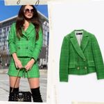 ZARA  Kate Middleton Textured Tweed Boucle Apple Green Gold Button Cropped Blazer Photo 3