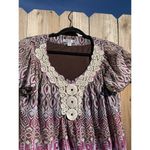 Dress Barn  Blouse Size M Burgundy, Pink, White Geometric Print w/Lace Around Neck Photo 2