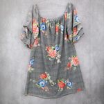 Love j  Gray Floral Short Sleeve Checker Houndstooth Knee Length Plus Dress 1X Photo 1