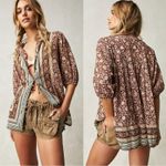 Free People  Bohemian Retro 70s Border Batik Button Down Kimono Shirt Size Large Photo 1