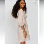 BIBI | Taupe Striped Smocked Puff Sleeve Dress White Size XL Photo 1