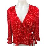 Bardot Red Polka Dots Ruffle V-neck Tie Waist 3/4 Sleeve Wrap Blouse Top Size L Photo 0