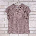 Voy Brand Clothing Paige Plaid Ruffle Short Sleeve Button Down Shirt Size S Blue Photo 2