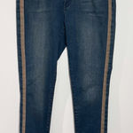 Coldwater Creek  Brown Faux Leather Side Stripe‎ Skinny Denim Blue Jeans Size 14 Photo 0