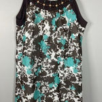 Robbie Bee Brown Teal Floral Print Beaded Neckline Cotton Dress Size 8 Beach Photo 0
