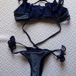 Seamolly Navy Blue Gingham Spliced Ruched Ruffles Trim Bowknot Tie Side Bikini Set Size XS Photo 1