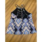 Raisin's  Tankini Ribbed Knit High Neck Strappy Back Pullover Blue Geometric Large Photo 1