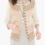 Chico's Women’s Embellished Jacket Tan Beige Embroidered 3/4 Sleeves Size 2 Photo 0