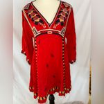 Free People • Red V-neck Embroidery Geometric Colorful Shirt Dress • Size XS Photo 2