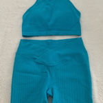JoyLab Women’s M JOY LAB Turquoise Blue Ribbed High Neck Bra Cross Waist Shorts Set Photo 0