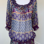 Say What? VTG Say What? Boho Sheer Peasant Blouse Purple Paisley Print Ruffle Neck Size L Photo 0