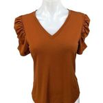 Philosophy Women's Brown Knit Short Puff Sleeve V-Neck Blouse Sweater Top Size S Photo 0