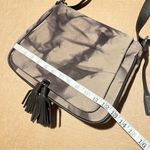 ABRO suede leather abstract print saddle bag, brown and tan, adjustable strap Photo 10