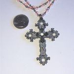 Elegant Black and Pink Beaded Aged Silver Tone Boho Cross Necklace Photo 5