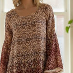 Xhilaration NWT‎ Boho Bell Sleeve Dress/Tunic L Beige Red Paisley Chiffon Earthy Romantic Photo 0