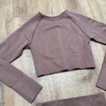 Seamless Ribbed Mauve Pink Long Sleeve Crop Top and Leggings Workout Set, Size S Brown Photo 3