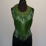 Genuine Green Fringe Rhinestone Studded Scalloped Leather Tie Halter Backless Size L Photo 1