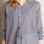 Holding Horses  Striped Floral Button Down Shirt Women's Size M Navy Blue Photo 0
