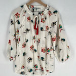 Lemon Tart Floral Print Women's Crepe Chiffon Top Tassel Tie Neck 3/4 Sleeve S White Photo 0